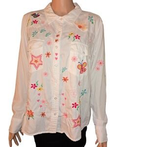 Billy T Womens Button Up Top Embroidered Flowers Butterflies Western‎ White L